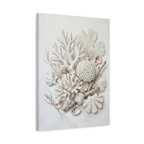 White coral and shell botanical painting on stretched canvas, frameless gallery-wrap ready-to-hang coastal wall art, ivory and cream reef arrangement print for minimalist modern home decor, Arts Fiesta
