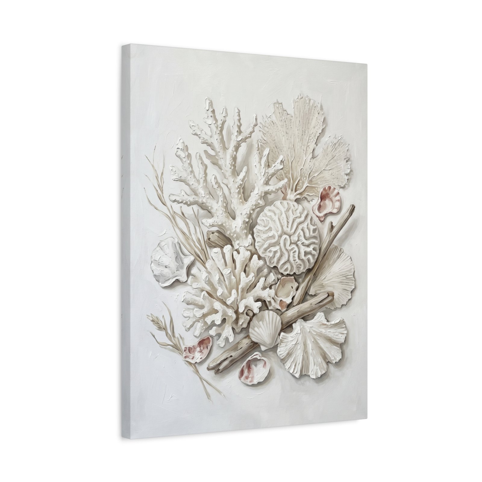 White coral and shell botanical painting on stretched canvas, frameless gallery-wrap ready-to-hang coastal wall art, ivory and cream reef arrangement print for minimalist modern home decor, Arts Fiesta