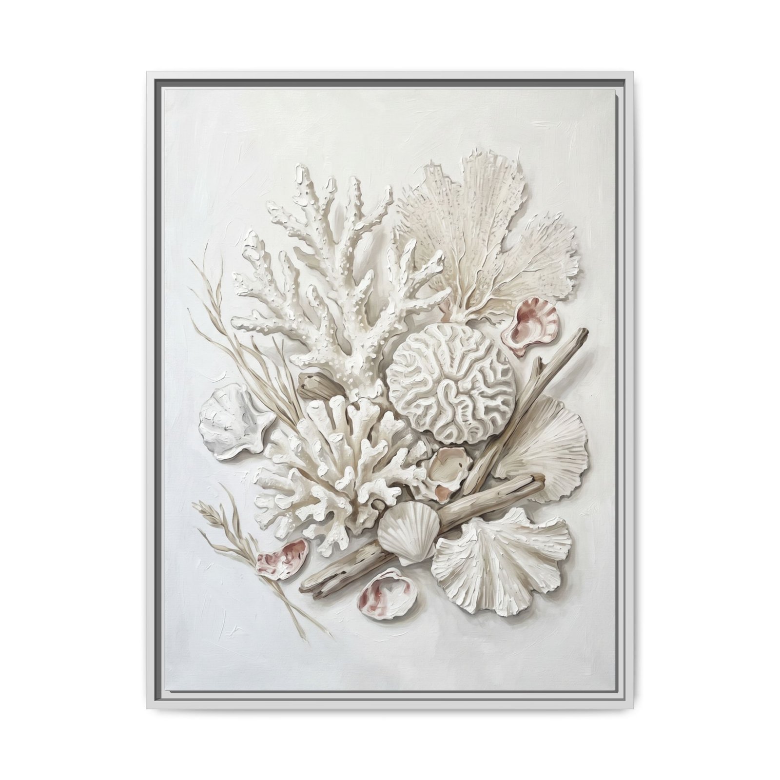Ivory Reef White Frame Ivory Reef coral and shell painting in a white gallery frame, seamless coastal canvas wall art for bedroom or living room, monochromatic cream botanical print on pale background, Arts Fiesta
