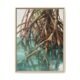 Mangrove roots tropical canvas print in a natural blonde wood float frame, contemporary nature wall art for sale, warm rust root tones over teal water, Arts Fiesta