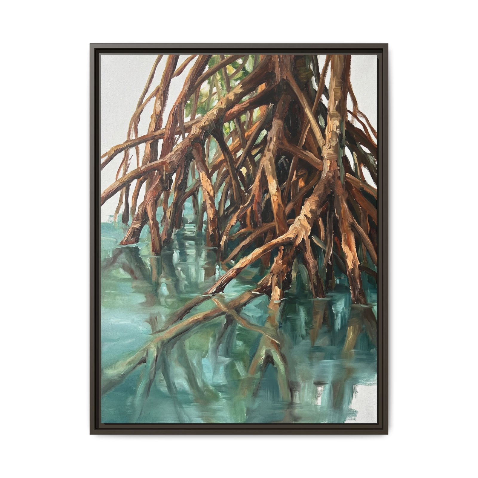 Tropical mangrove tree canvas wall art in a rich espresso wood frame, warm amber and rust root painting print for living room or study, deep teal water nature art for modern home decor