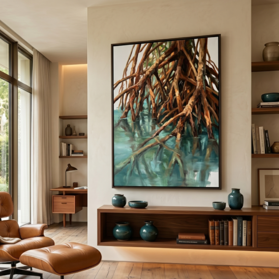 Mangrove tree roots canvas wall art hanging above a walnut shelving unit in a mid-century modern study, large-scale tropical nature painting in a black float frame, warm rust and teal tones, Eames lounge chair interior