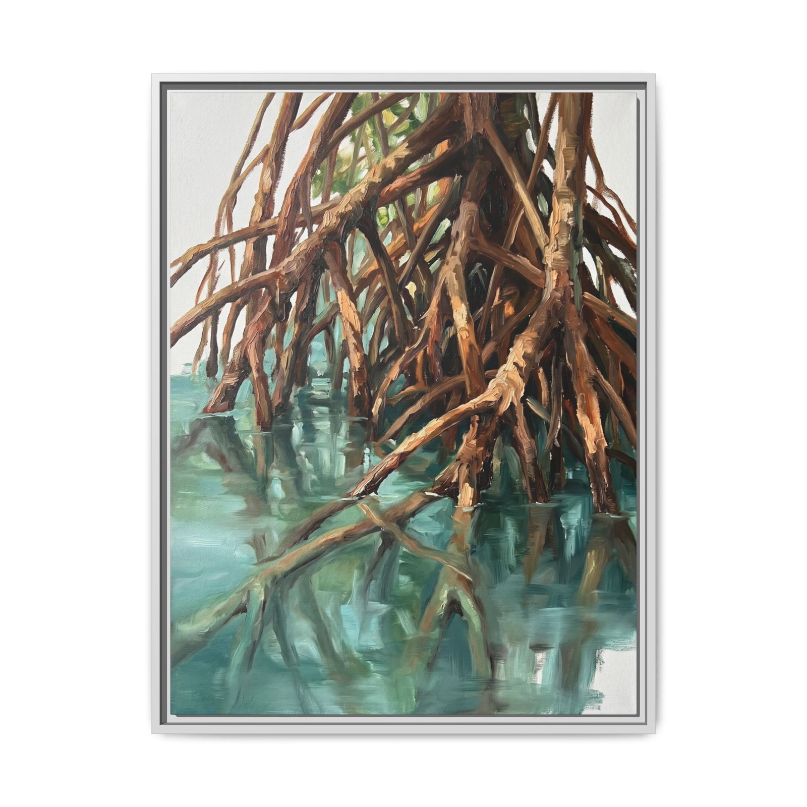Mangrove tree roots painting in a white gallery frame, airy tropical nature canvas wall art for bedroom or living room, warm rust and cool teal botanical landscape print, Arts Fiesta