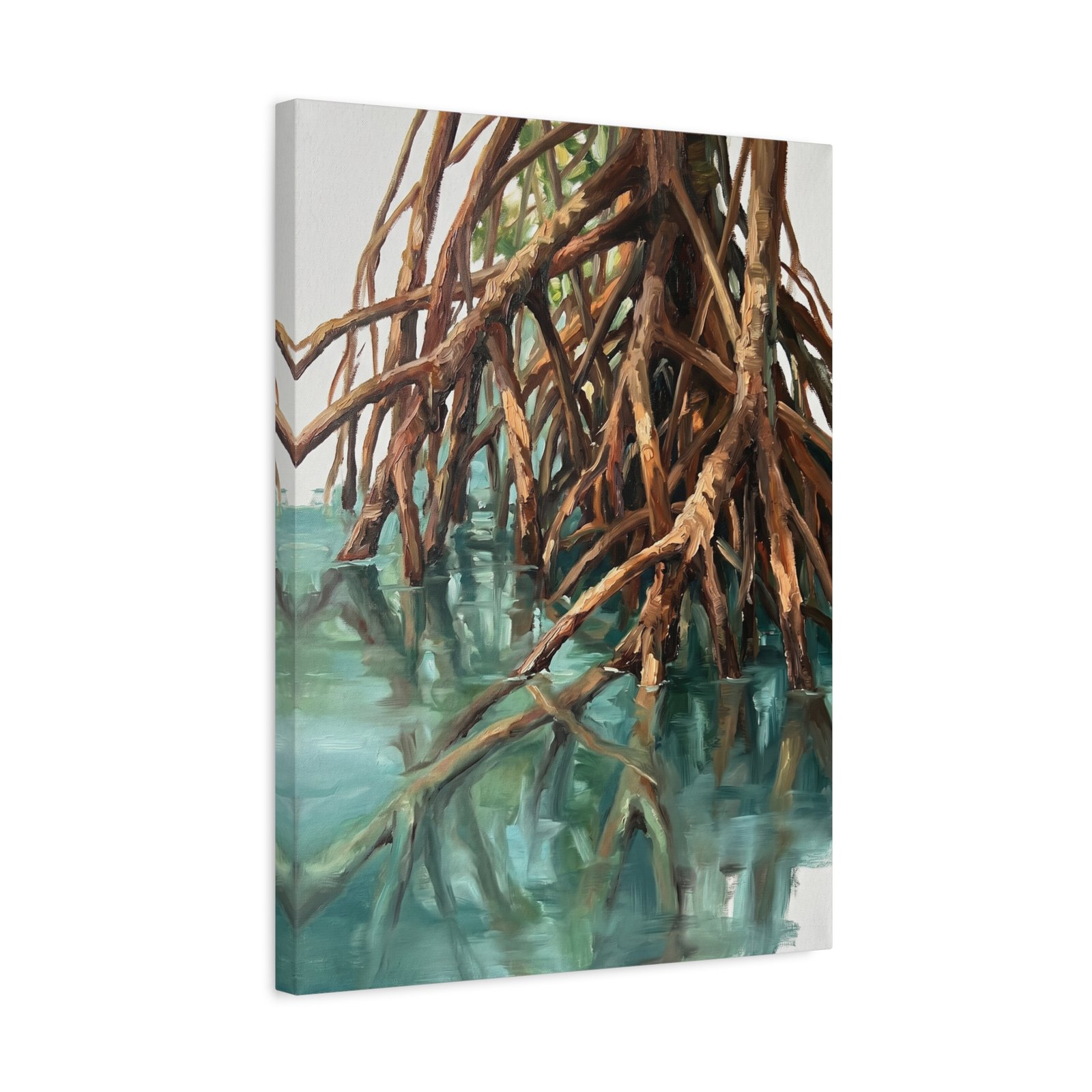 Mangrove roots tropical nature painting on stretched canvas, frameless gallery-wrap ready-to-hang wall art, warm burnt sienna and teal water landscape print for modern home decor, Arts Fiesta