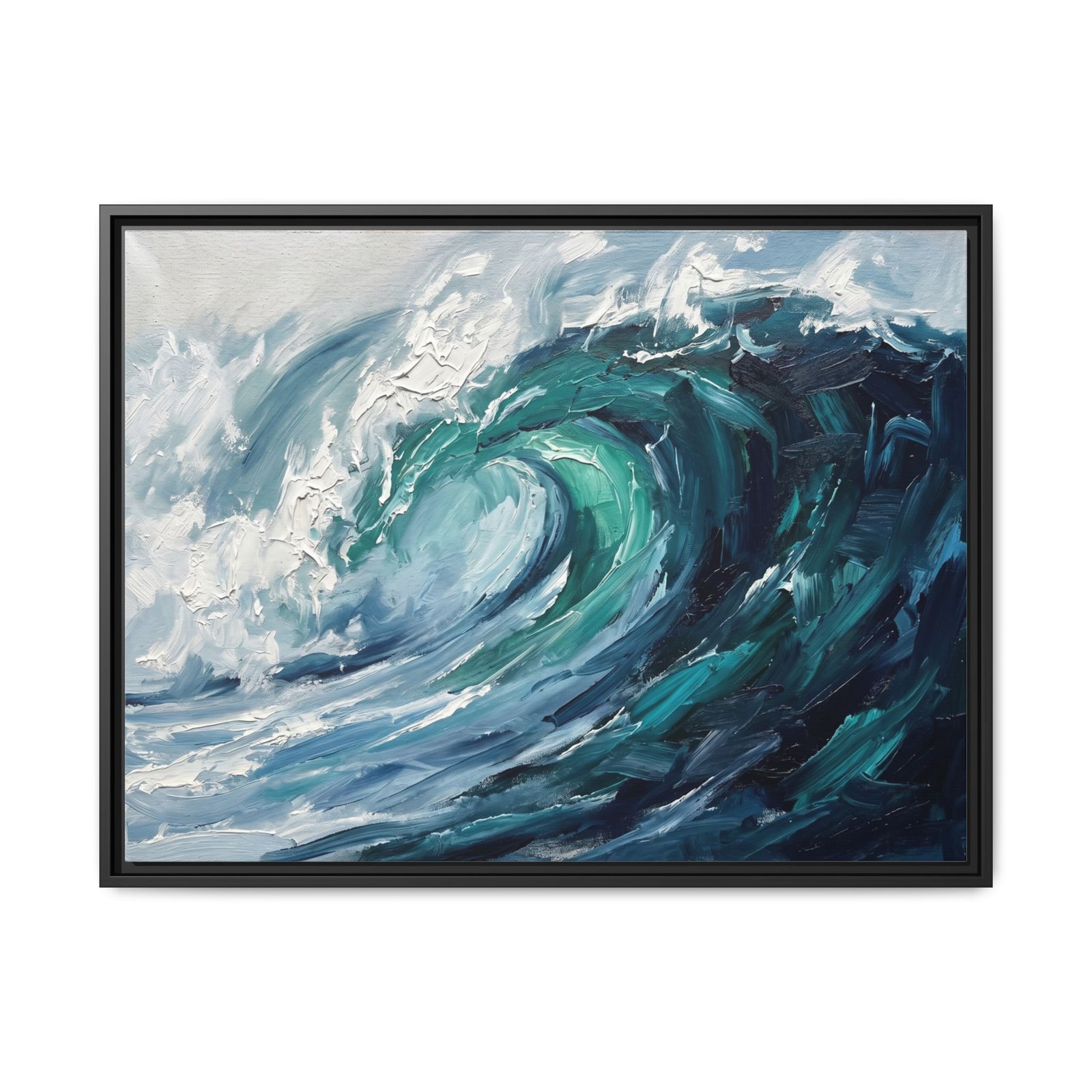 Abstract wave canvas print in a sleek black float frame, high-contrast teal navy and white ocean wall art for sale, bold coastal painting for contemporary interiors, Arts Fiesta