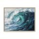 Abstract ocean wave canvas print in a natural blonde wood float frame, contemporary coastal wall art for sale, teal and navy impasto wave painting on white, Arts Fiesta