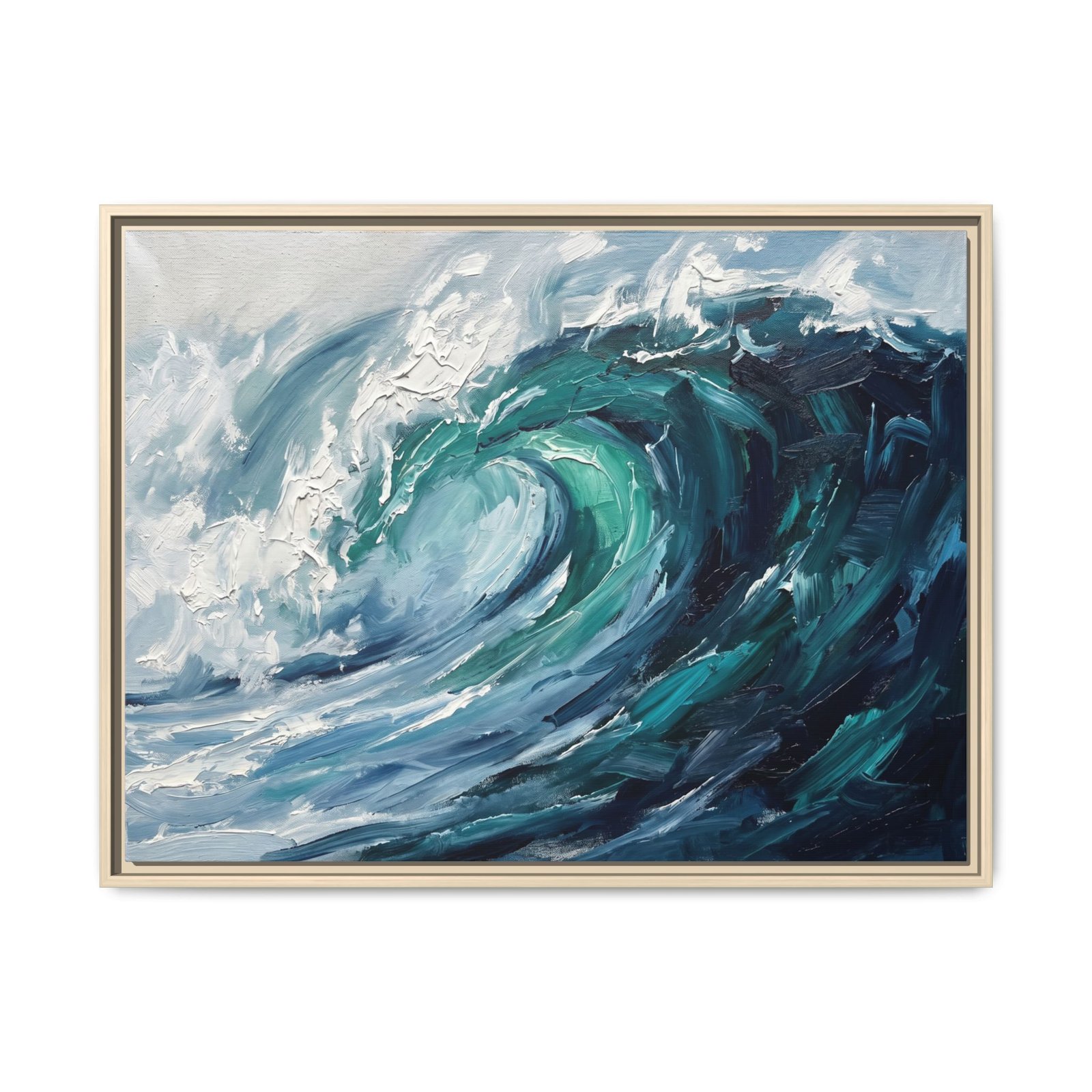 Abstract ocean wave canvas print in a natural blonde wood float frame, contemporary coastal wall art for sale, teal and navy impasto wave painting on white, Arts Fiesta