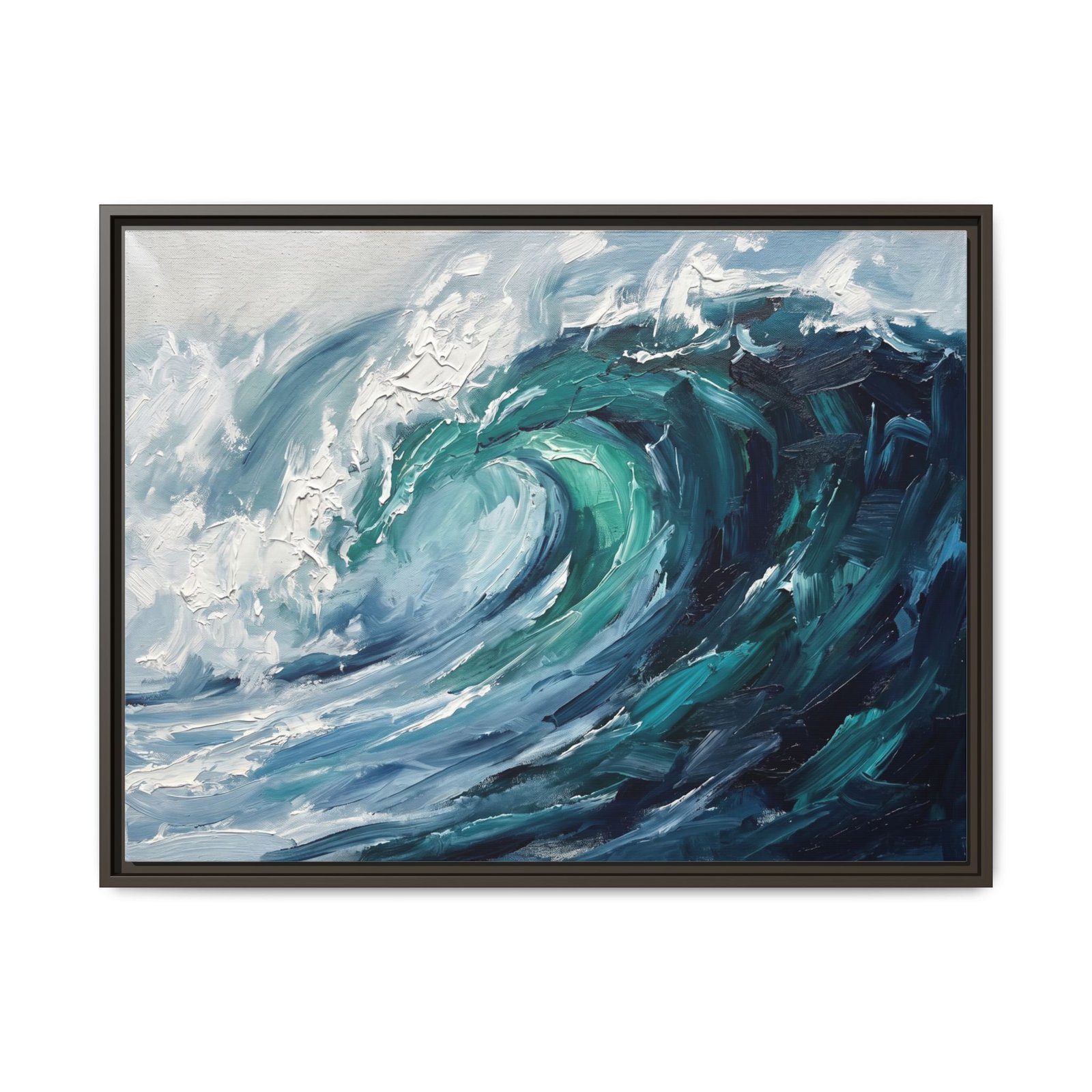 Ocean wave abstract canvas wall art in a rich espresso wood frame, deep navy and teal wave painting print for living room, dramatic coastal art for modern home decor