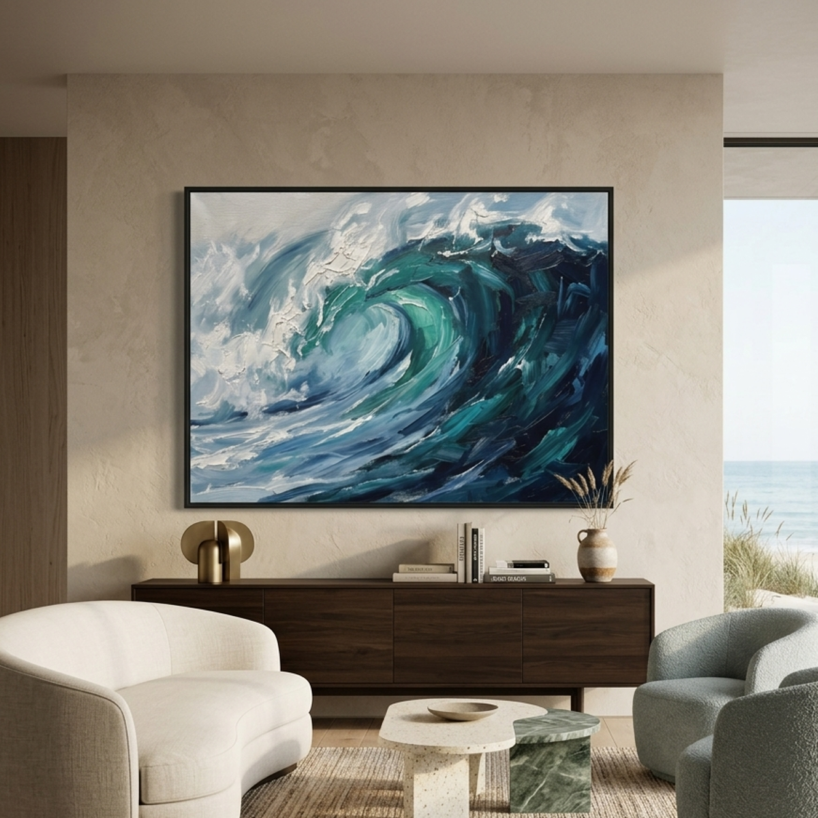 Abstract ocean wave canvas wall art hanging above a dark walnut sideboard in a modern coastal living room, large-scale teal and navy wave painting in a black float frame, expressionist brushwork, beachside interior