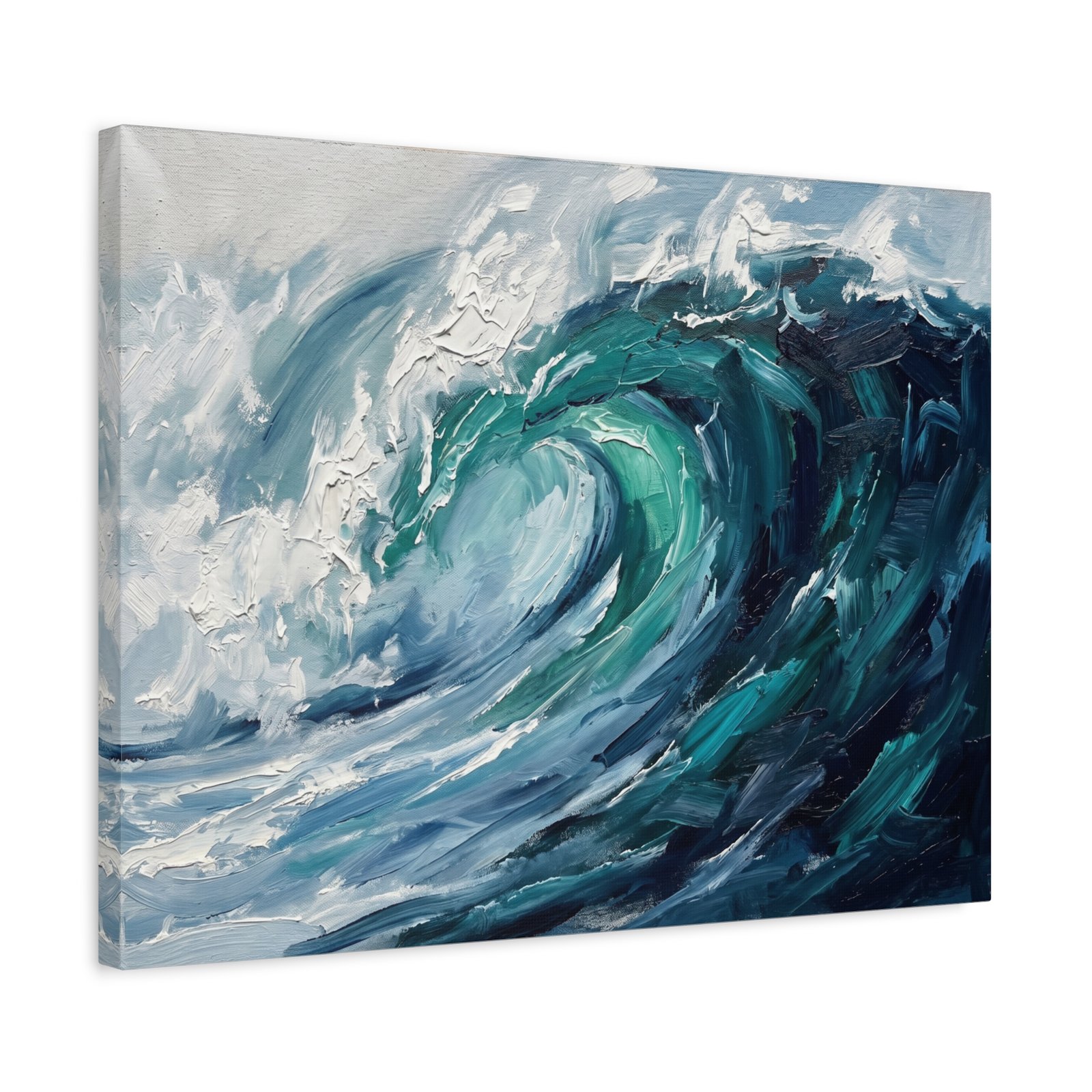 Abstract ocean wave painting on stretched canvas, frameless gallery-wrap ready-to-hang coastal wall art, teal navy and white impasto wave print for modern home decor, Arts Fiesta