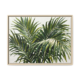 Tropical Canopy palm leaf canvas print in a natural blonde wood float frame, contemporary botanical wall art for sale, close-up of lush green fronds on white background