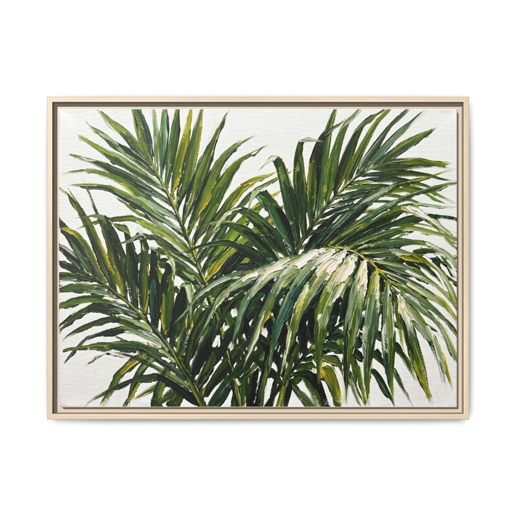 Tropical Canopy palm leaf canvas print in a natural blonde wood float frame, contemporary botanical wall art for sale, close-up of lush green fronds on white background