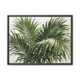 Botanical palm leaf canvas wall art in a rich espresso wood frame, moody tropical painting print for living room or office, deep green foliage on clean white ground