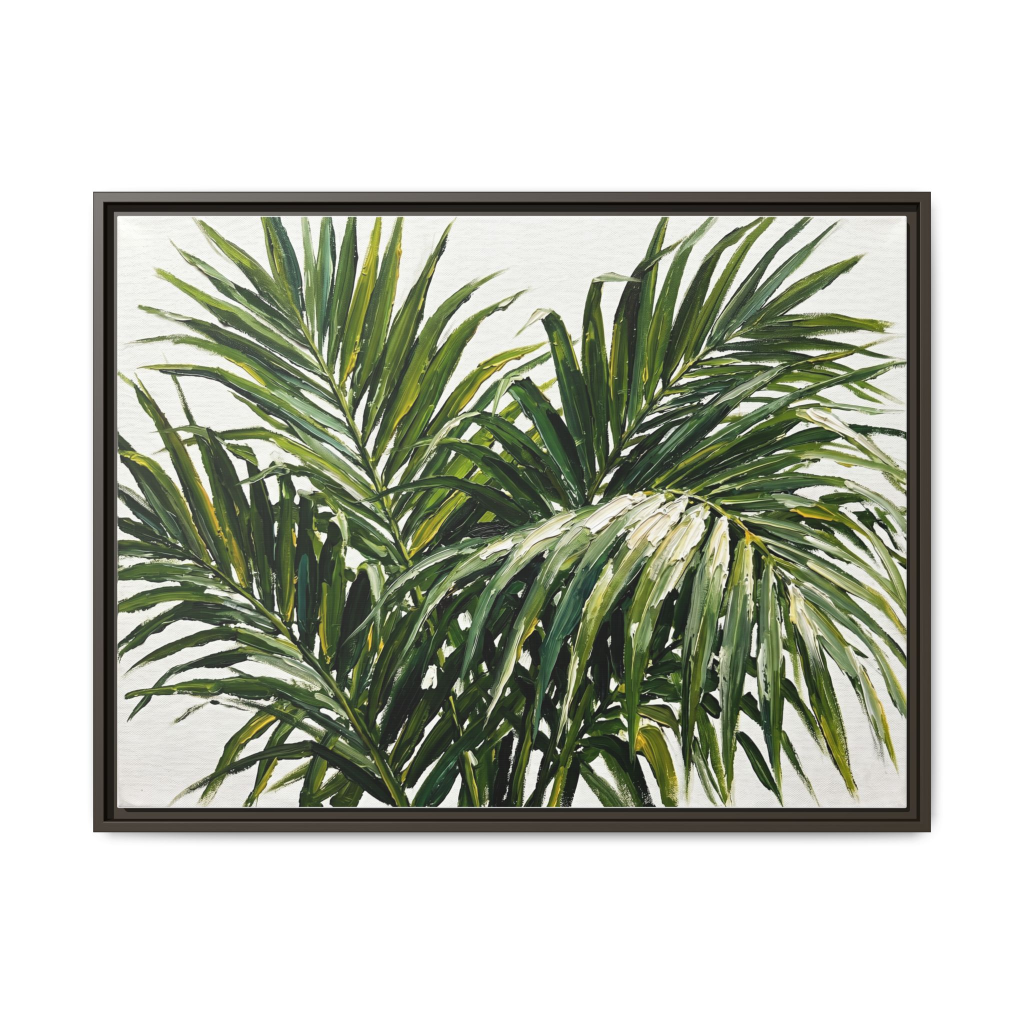 Botanical palm leaf canvas wall art in a rich espresso wood frame, moody tropical painting print for living room or office, deep green foliage on clean white ground