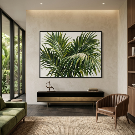 Tropical palm leaf canvas wall art hanging above a sofa in a modern neutral living room, featuring lush green botanical fronds on a white background in a black frame