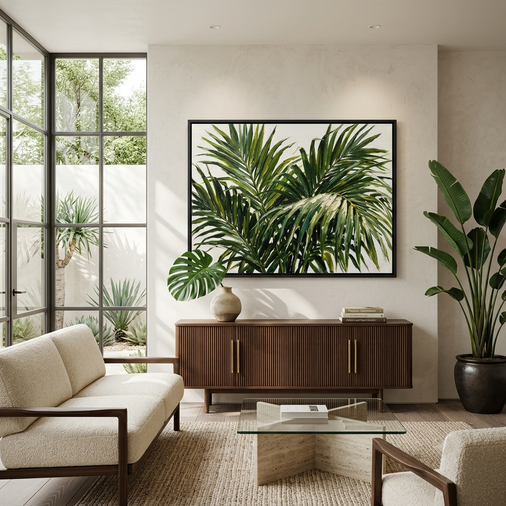 Botanical palm leaf framed painting displayed on a bedroom wall above a dresser, minimalist green tropical canvas art in a black frame for modern home decor