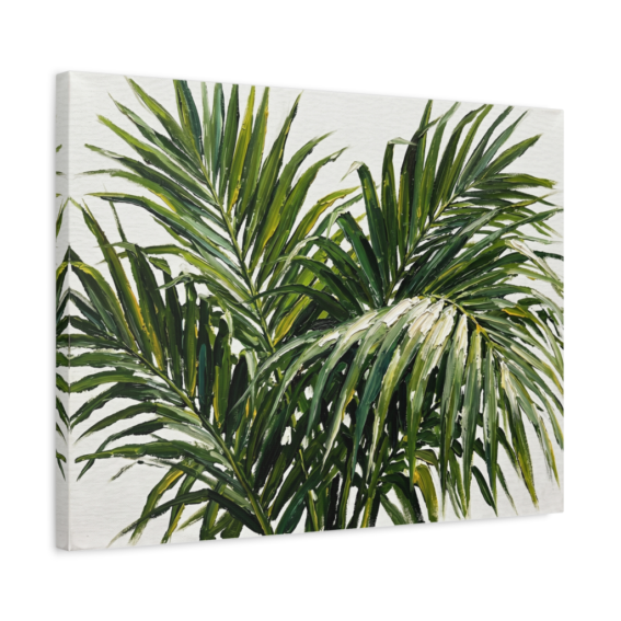 Tropical palm leaf painting in a stretched canvas gallery frame, airy botanical canvas wall art for bedroom or living room, soft green fronds on white background, Arts Fiesta
