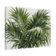 Tropical palm leaf painting in a stretched canvas gallery frame, airy botanical canvas wall art for bedroom or living room, soft green fronds on white background, Arts Fiesta