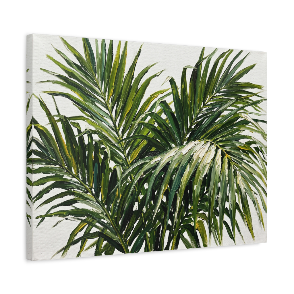 Tropical palm leaf painting in a stretched canvas gallery frame, airy botanical canvas wall art for bedroom or living room, soft green fronds on white background, Arts Fiesta