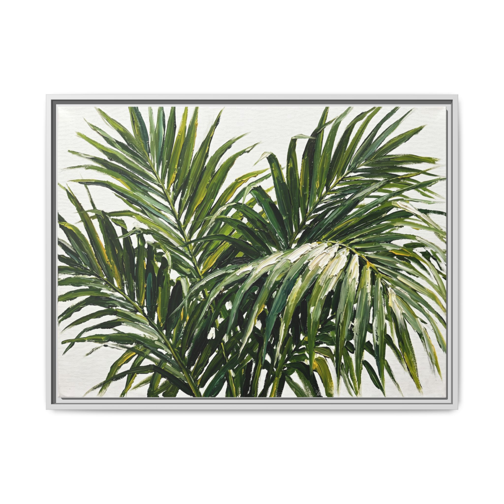 Tropical palm leaf painting in a white gallery frame, airy botanical canvas wall art for bedroom or living room, soft green fronds on white background, Arts Fiesta