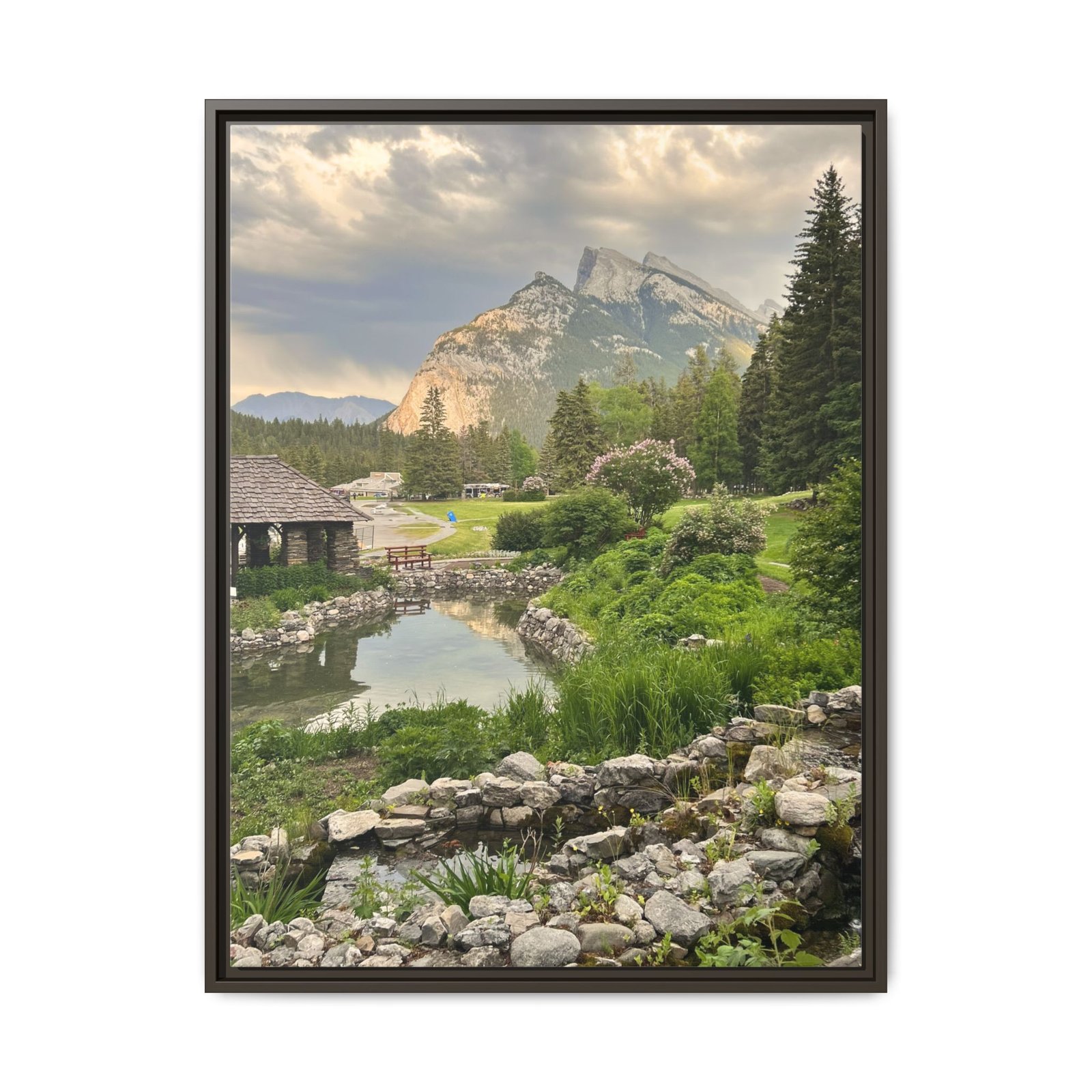Banff Cityscape – Alberta Mountain View Espresso Frame Banff Cityscape – Alberta Mountain View Espresso Frame