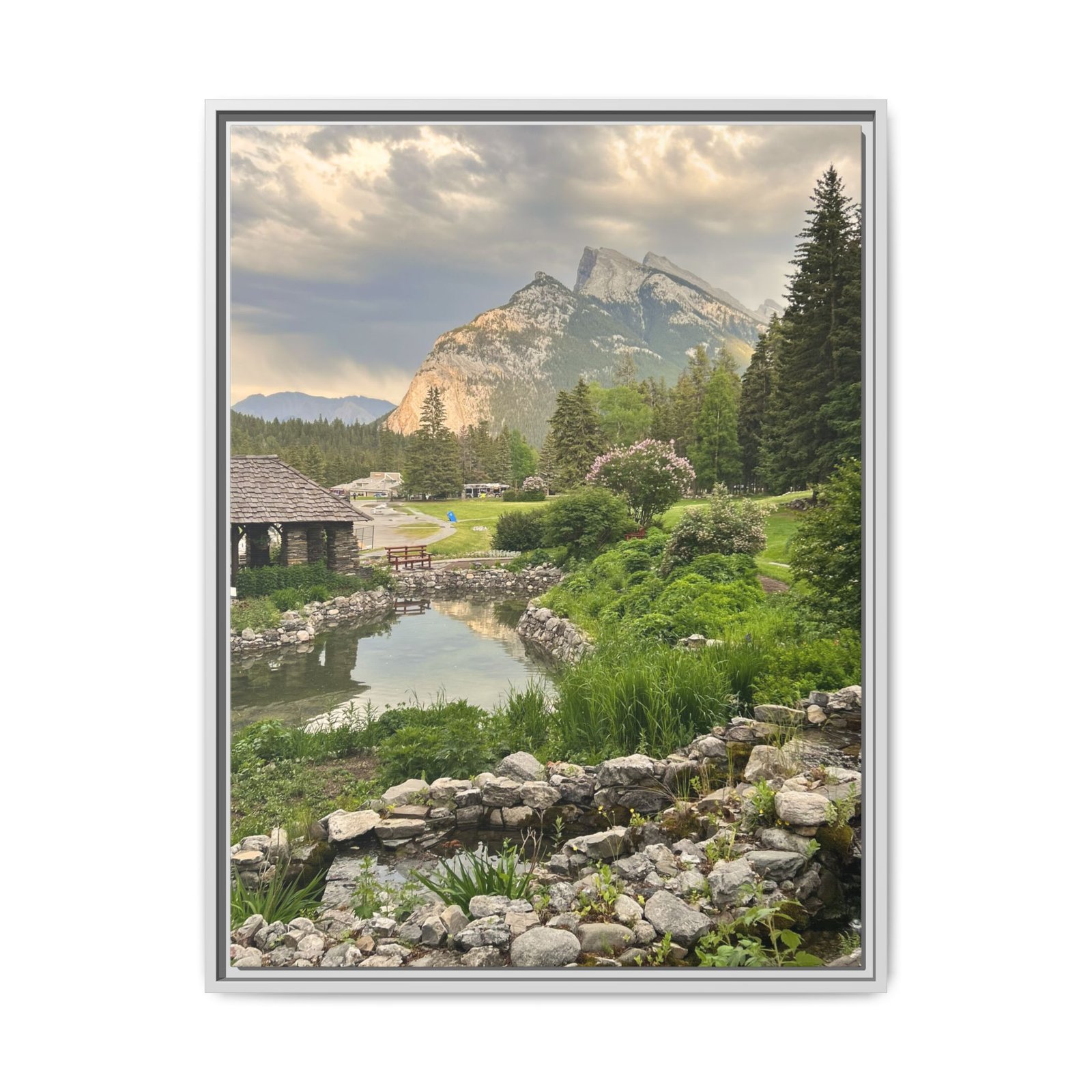 Banff Cityscape – Alberta Mountain View White Frame Banff Cityscape – Alberta Mountain View White Frame