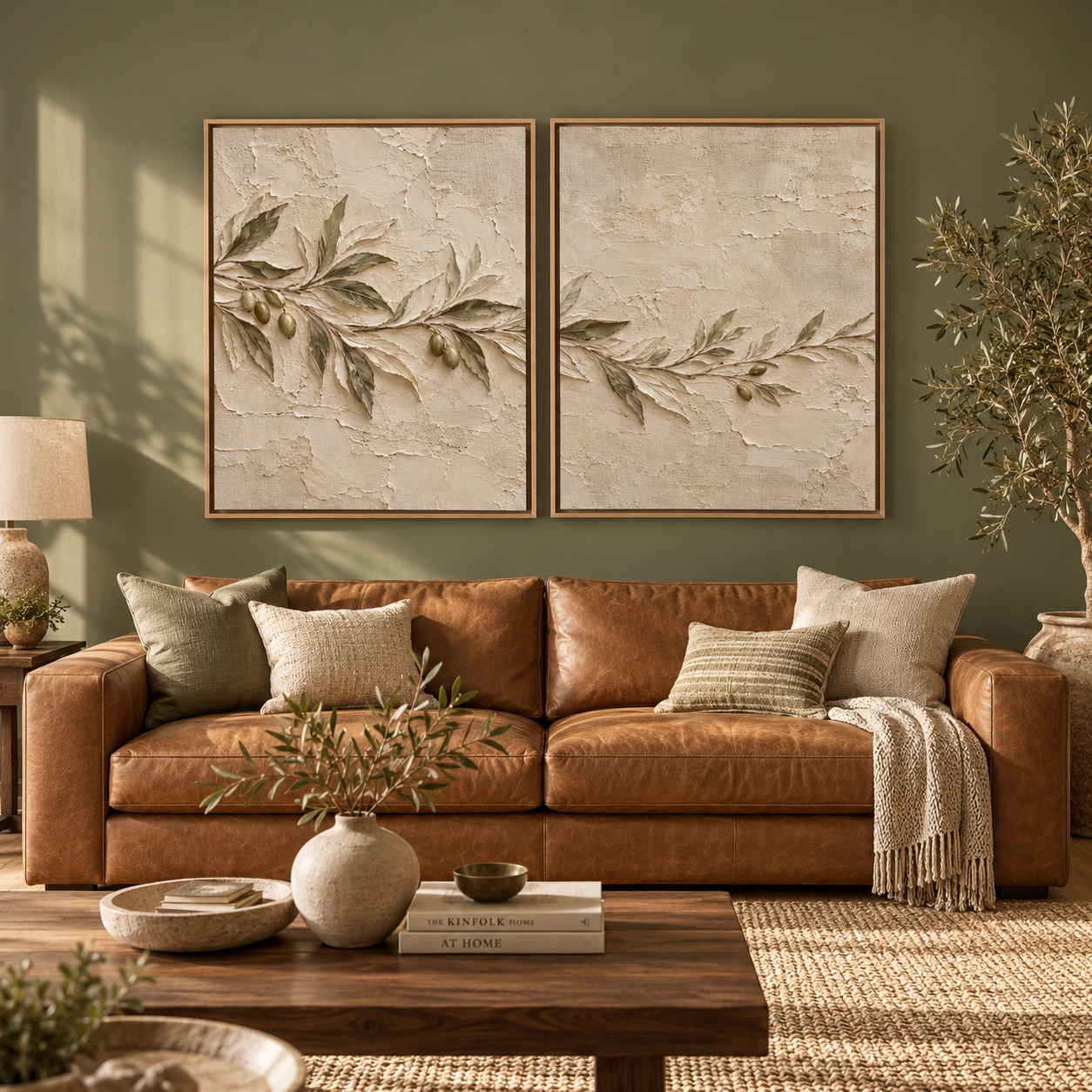 Two-piece olive branch canvas print set with realistic plaster relief effect in natural oak floating frames above a neutral living room sofa