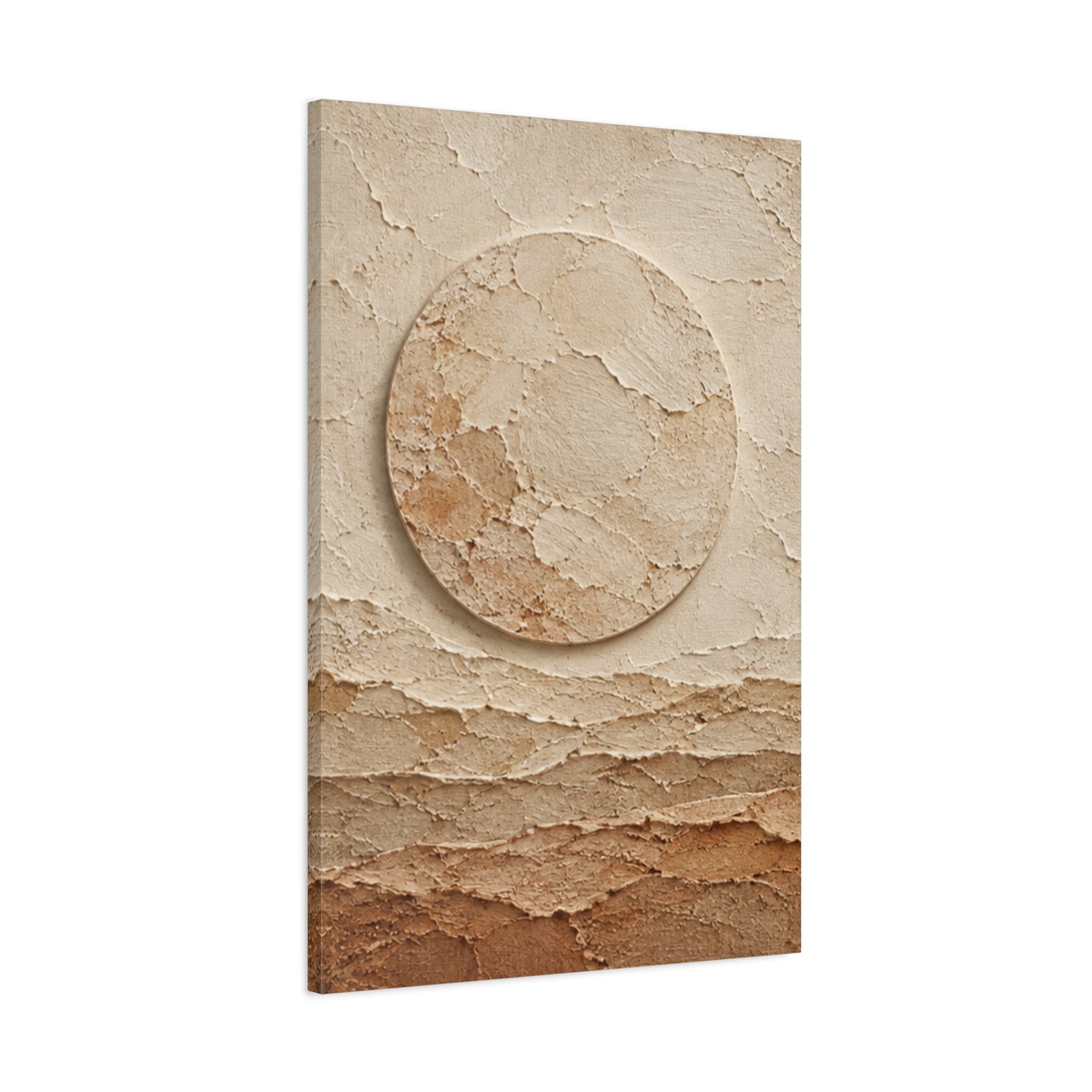 Individual center panel of organic modern triptych canvas print displaying a circular plaster sun disc over textured limestone.