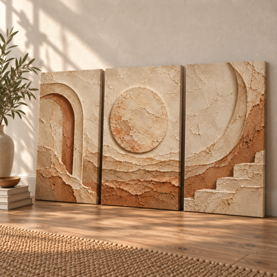 Complete 3-piece modern organic triptych canvas wall art set showing textured plaster arch, sun disc, and stepped crescent motifs