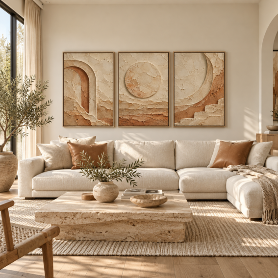 Three-piece travertine architectural triptych canvas print set in natural blonde oak floating frames above an ivory sectional sofa with camel leather pillows