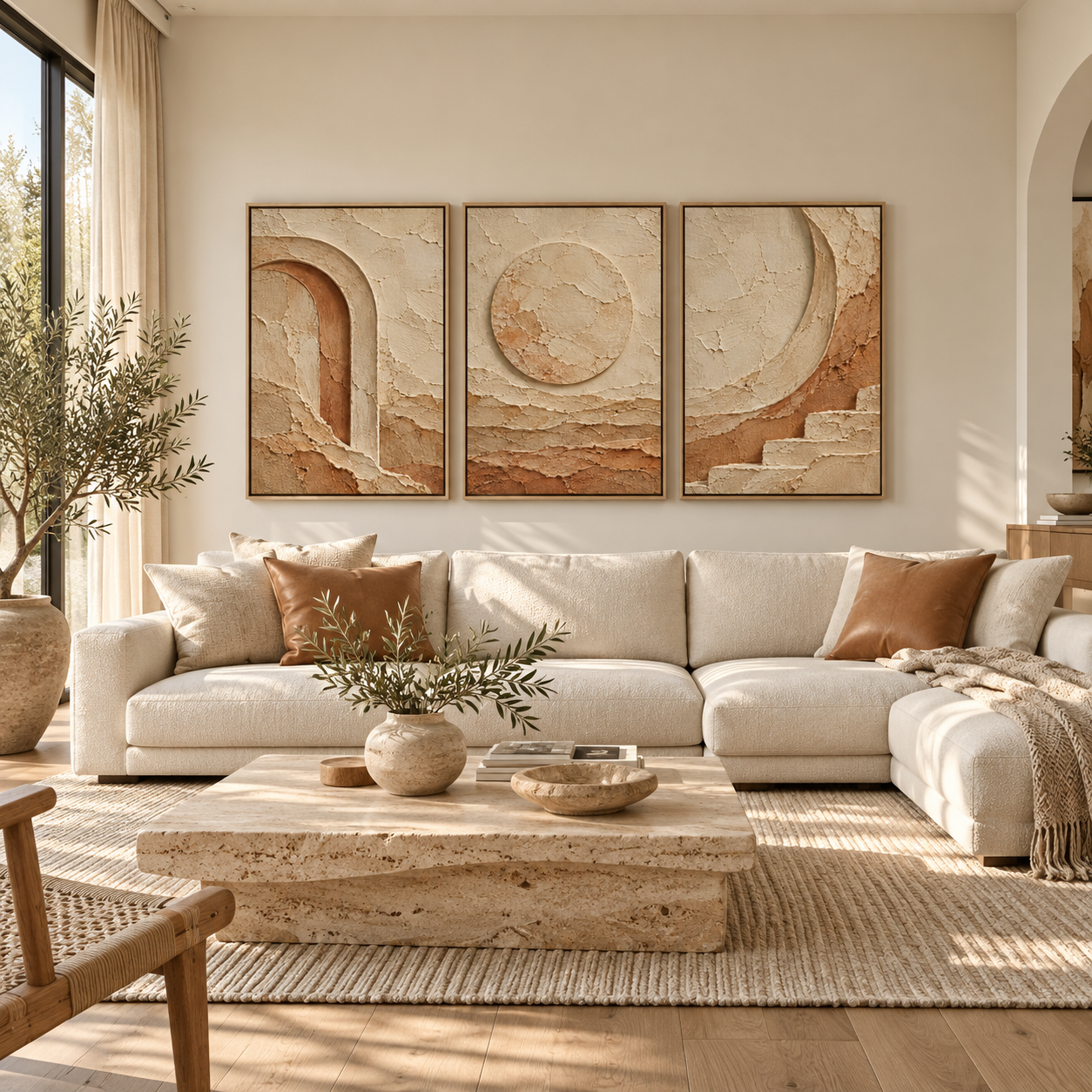 Three-piece travertine architectural triptych canvas print set in natural blonde oak floating frames above an ivory sectional sofa with camel leather pillows