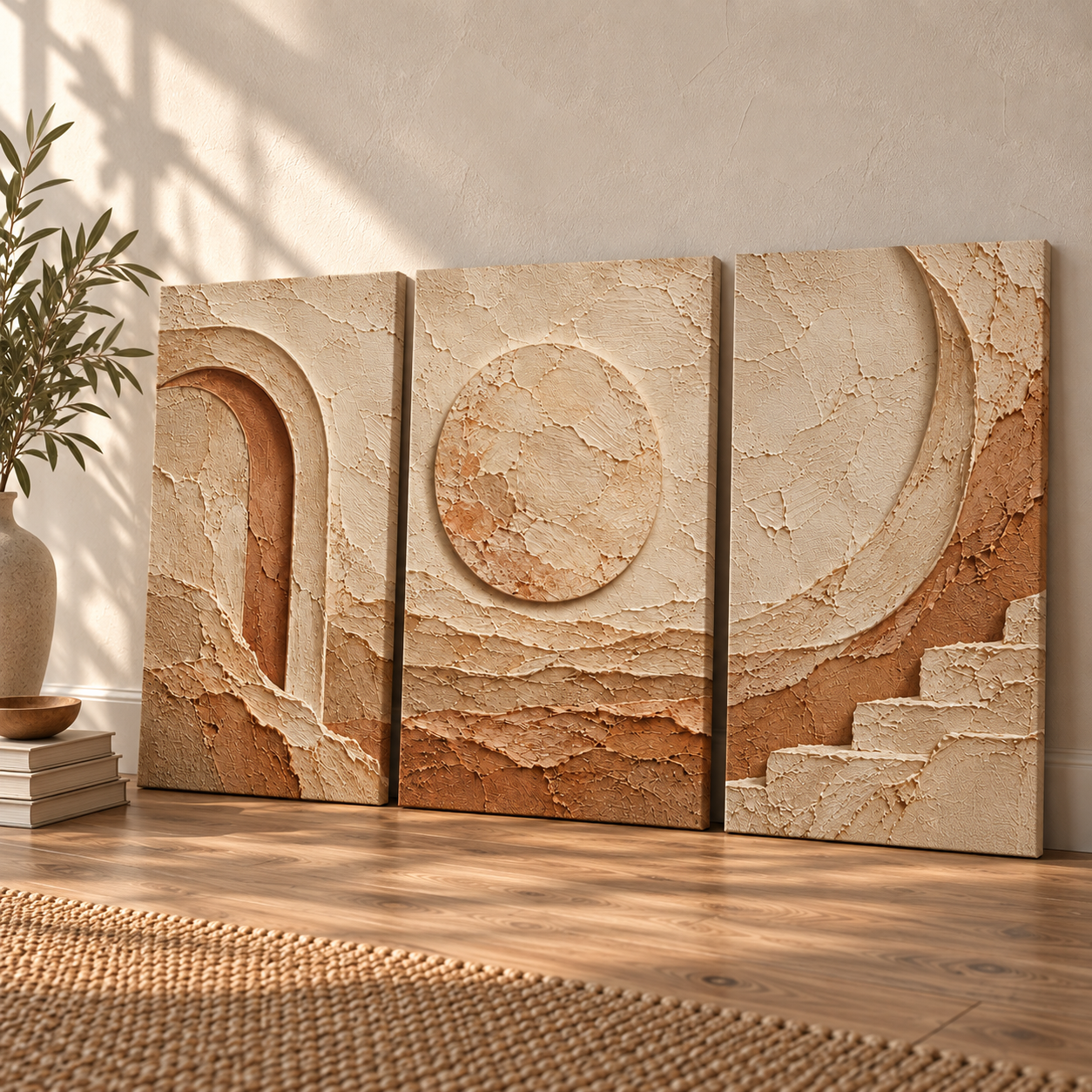 Complete 3-piece modern organic triptych canvas wall art set showing textured plaster arch, sun disc, and stepped crescent motifs