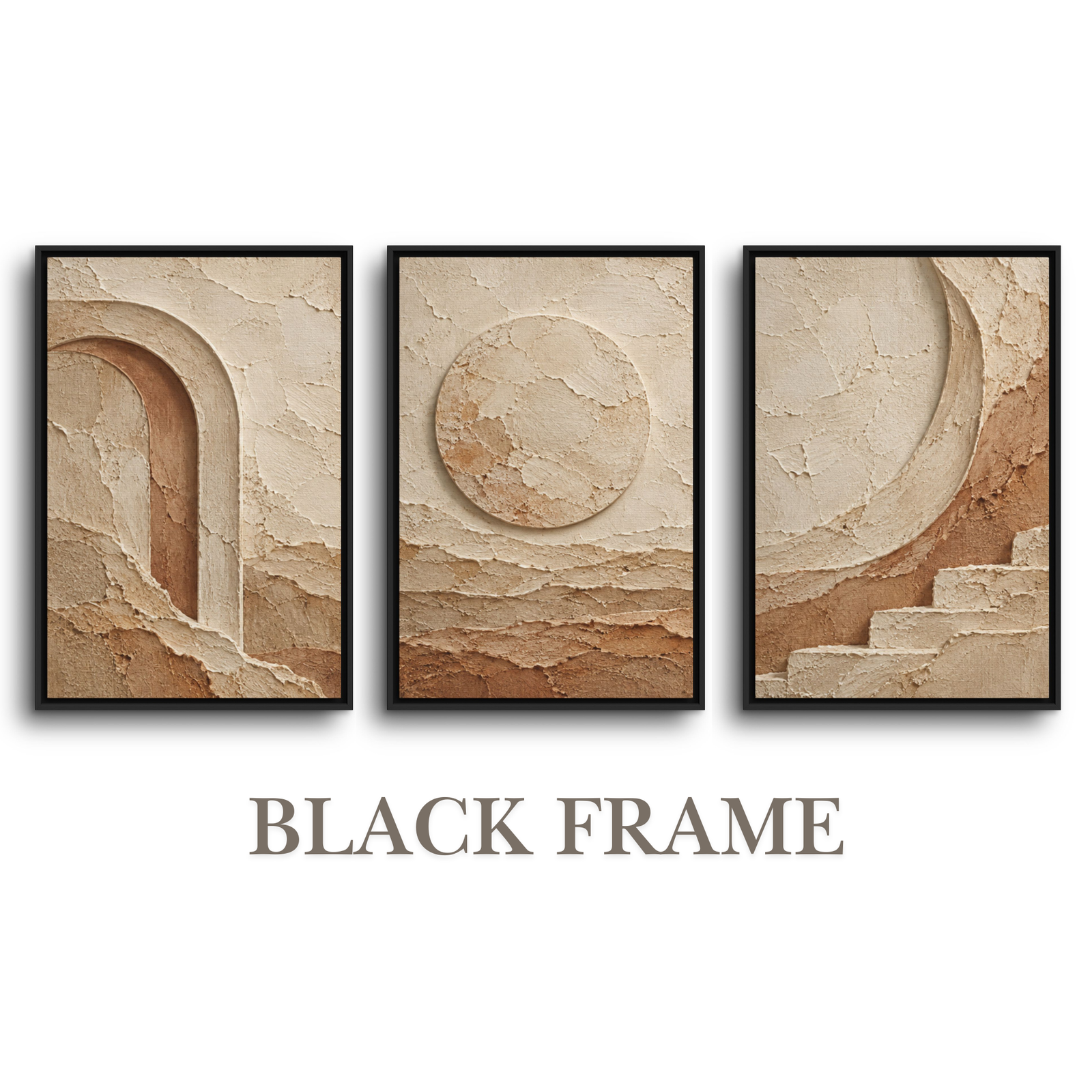 Complete 3-piece modern organic triptych black framed canvas wall art set showing textured plaster arch, sun disc, and stepped crescent motifs