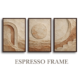 Complete 3-piece modern organic triptych espresso framed canvas wall art set showing textured plaster arch, sun disc, and stepped crescent motifs