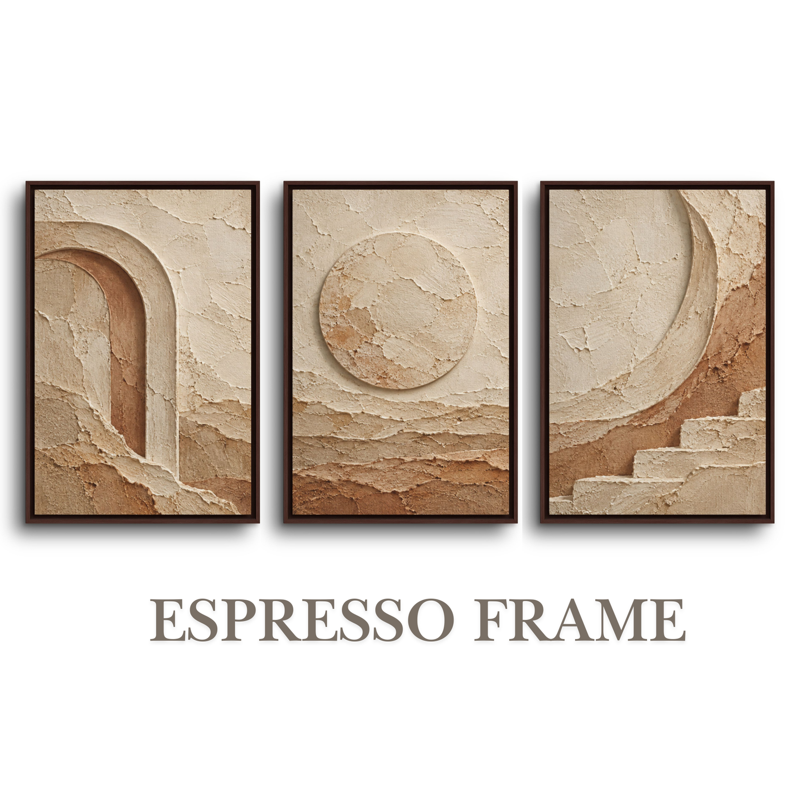 Complete 3-piece modern organic triptych espresso framed canvas wall art set showing textured plaster arch, sun disc, and stepped crescent motifs