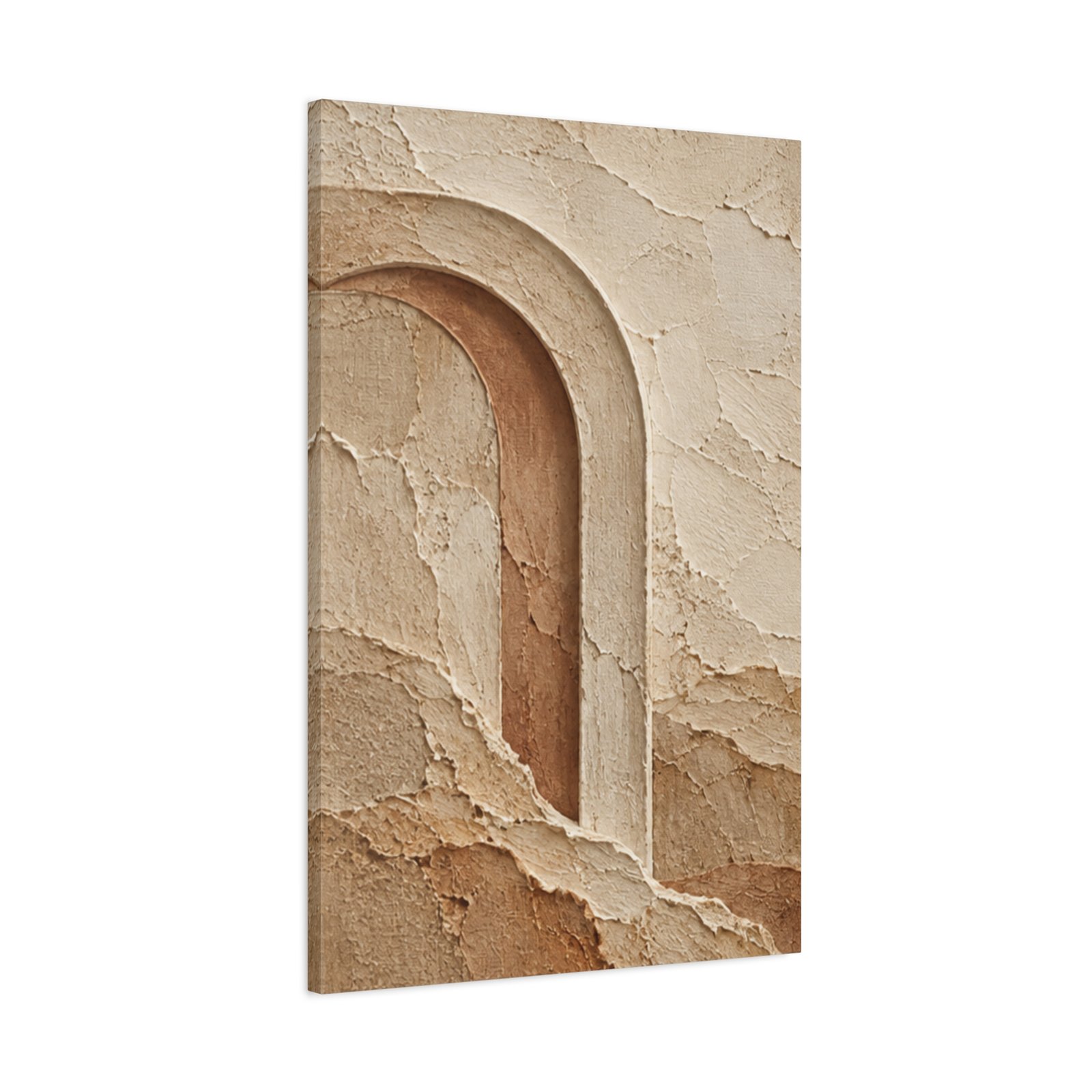 Individual left panel of organic modern triptych canvas featuring a minimalist recessed plaster arch and warm terracotta strata.