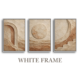 Complete 3-piece modern organic triptych white framed canvas wall art set showing textured plaster arch, sun disc, and stepped crescent motifs