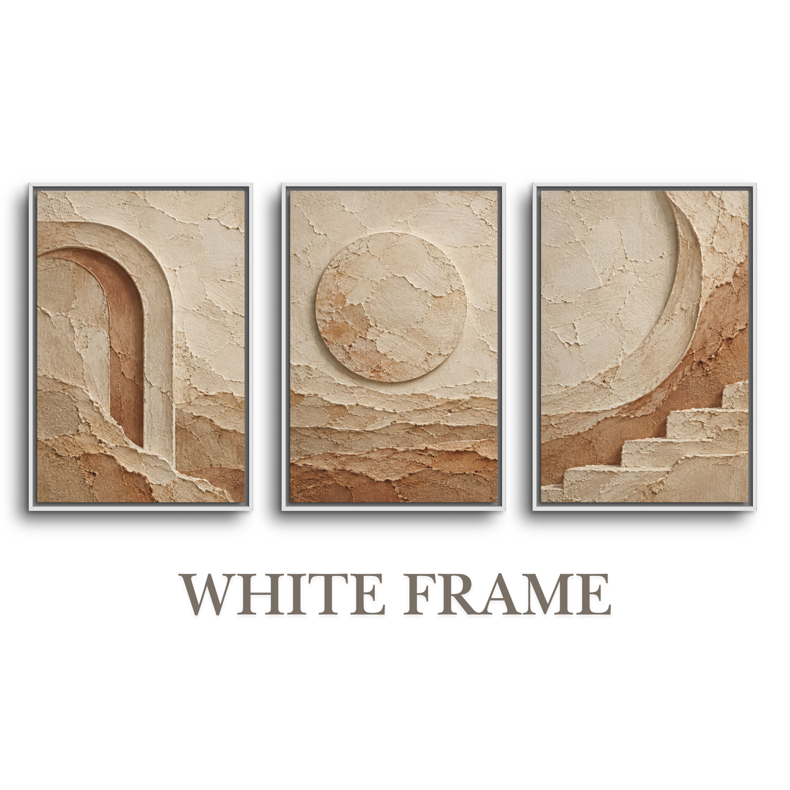 Complete 3-piece modern organic triptych white framed canvas wall art set showing textured plaster arch, sun disc, and stepped crescent motifs