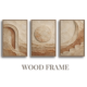 Complete 3-piece modern organic triptych wood framed canvas wall art set showing textured plaster arch, sun disc, and stepped crescent motifs