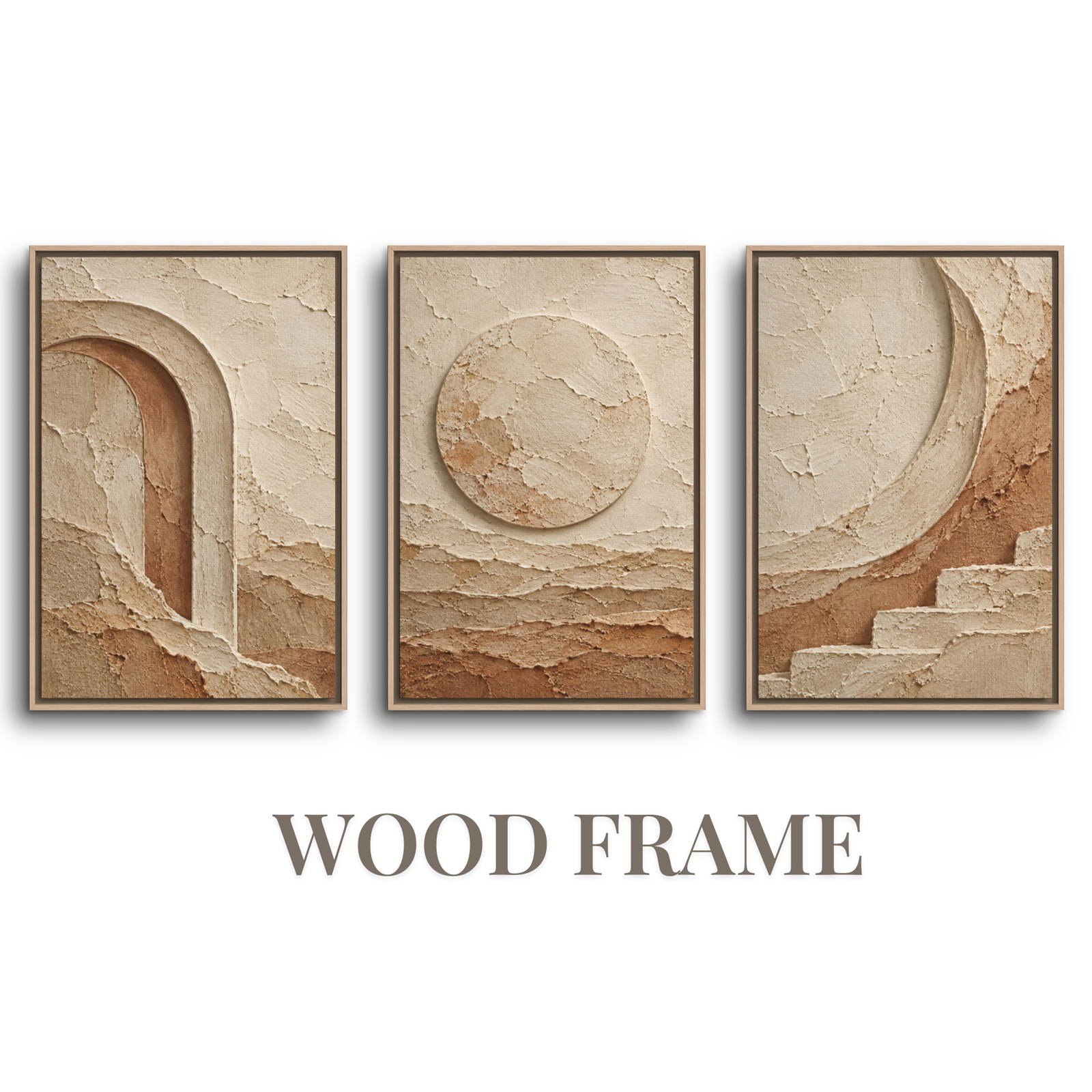 Complete 3-piece modern organic triptych wood framed canvas wall art set showing textured plaster arch, sun disc, and stepped crescent motifs