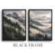 Two-piece panoramic mountain diptych black framed canvas set featuring dense evergreen pine ridges and rolling valley