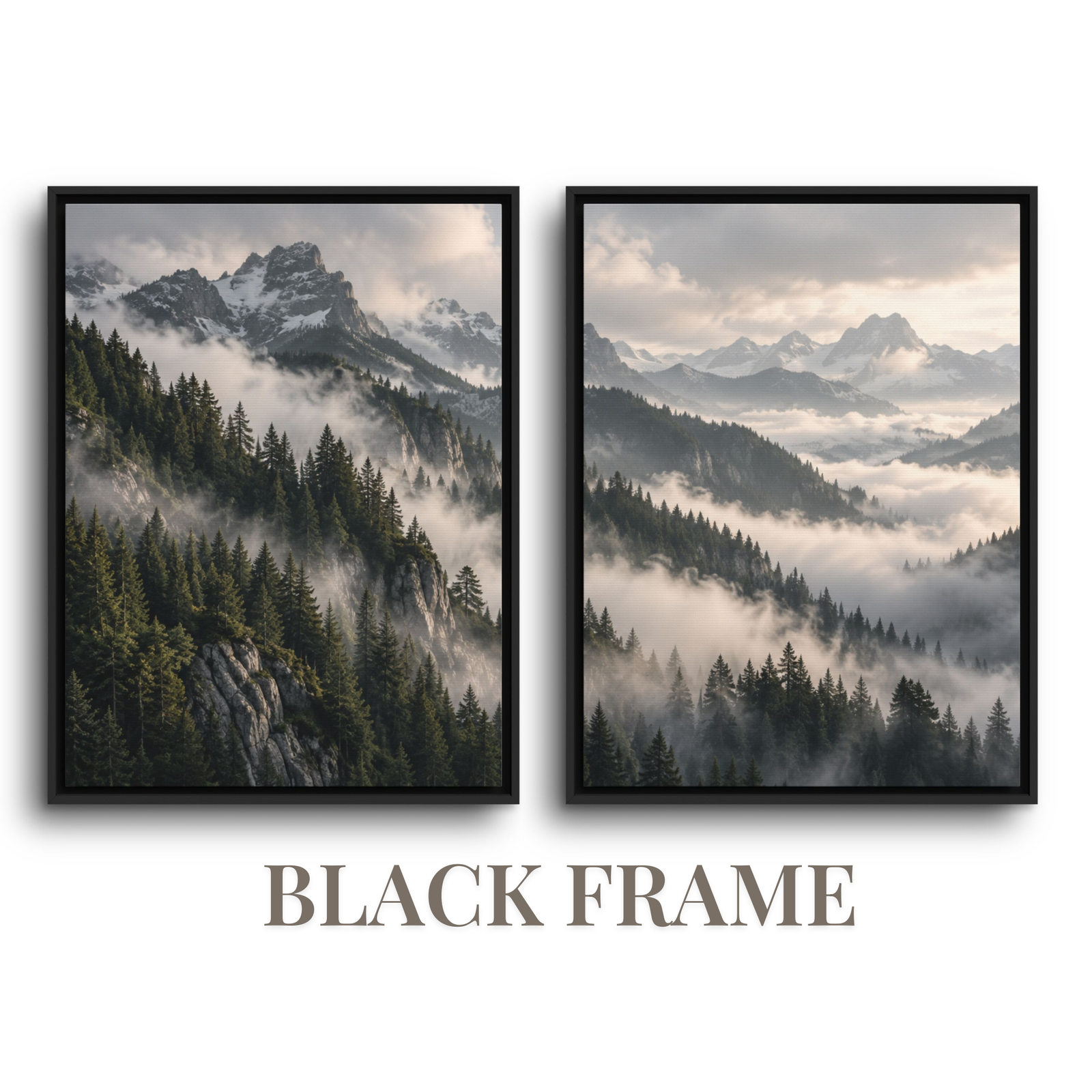 Two-piece panoramic mountain diptych black framed canvas set featuring dense evergreen pine ridges and rolling valley