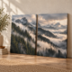 Moody Alpine Mist diptych canvas wall art set resting in a modern neutral living room beside an olive plant and woven rug