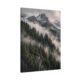 Left panel of Moody Alpine Mist diptych showing steep pine forest canopy and rugged limestone mountain