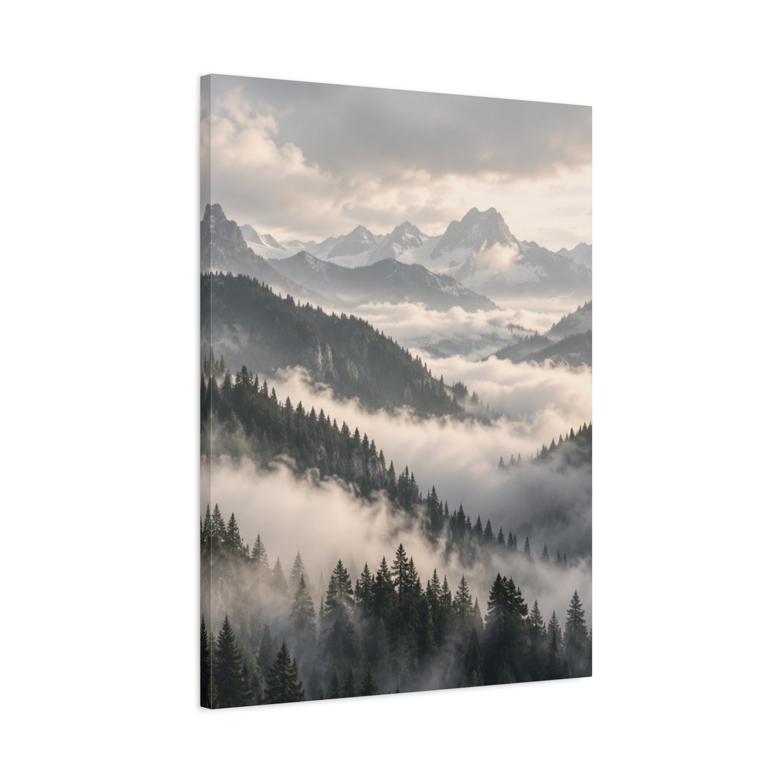 Right panel of Moody Alpine Mist diptych highlighting morning cloud inversion rolling across distant alpine