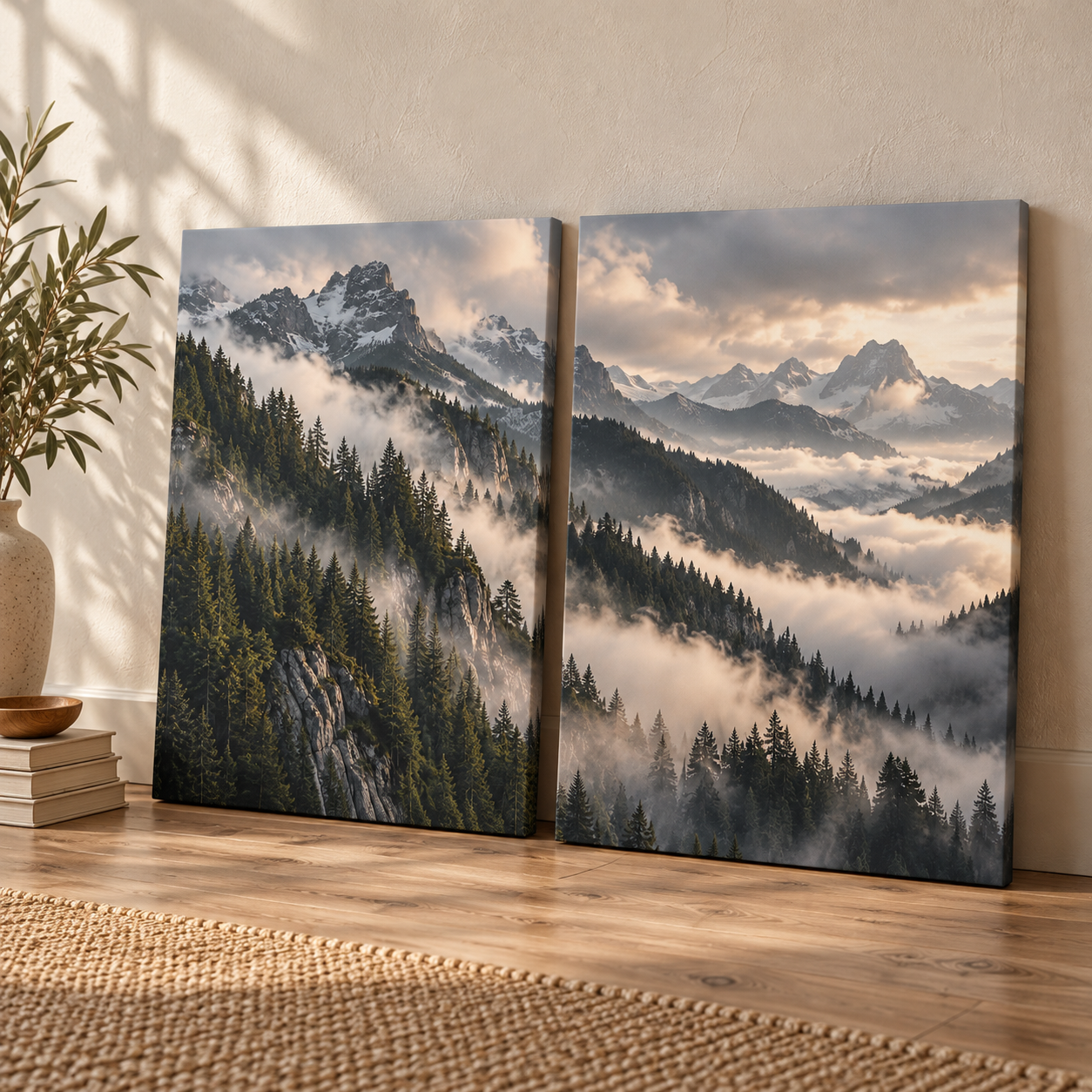 Moody Alpine Mist diptych canvas wall art set resting in a modern neutral living room beside an olive plant and woven rug
