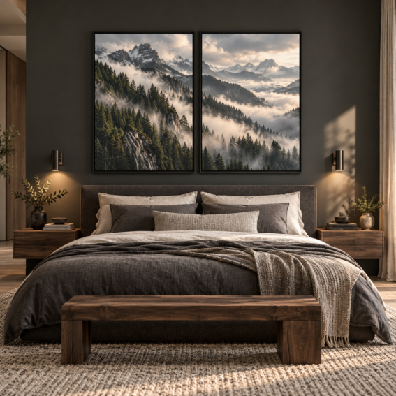 Two 30x40 inch mountain landscape diptych canvases mounted above a king-size bed on a dark charcoal accent wall