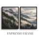 Two-piece panoramic mountain diptych espresso framed canvas set featuring dense evergreen pine ridges and rolling valley