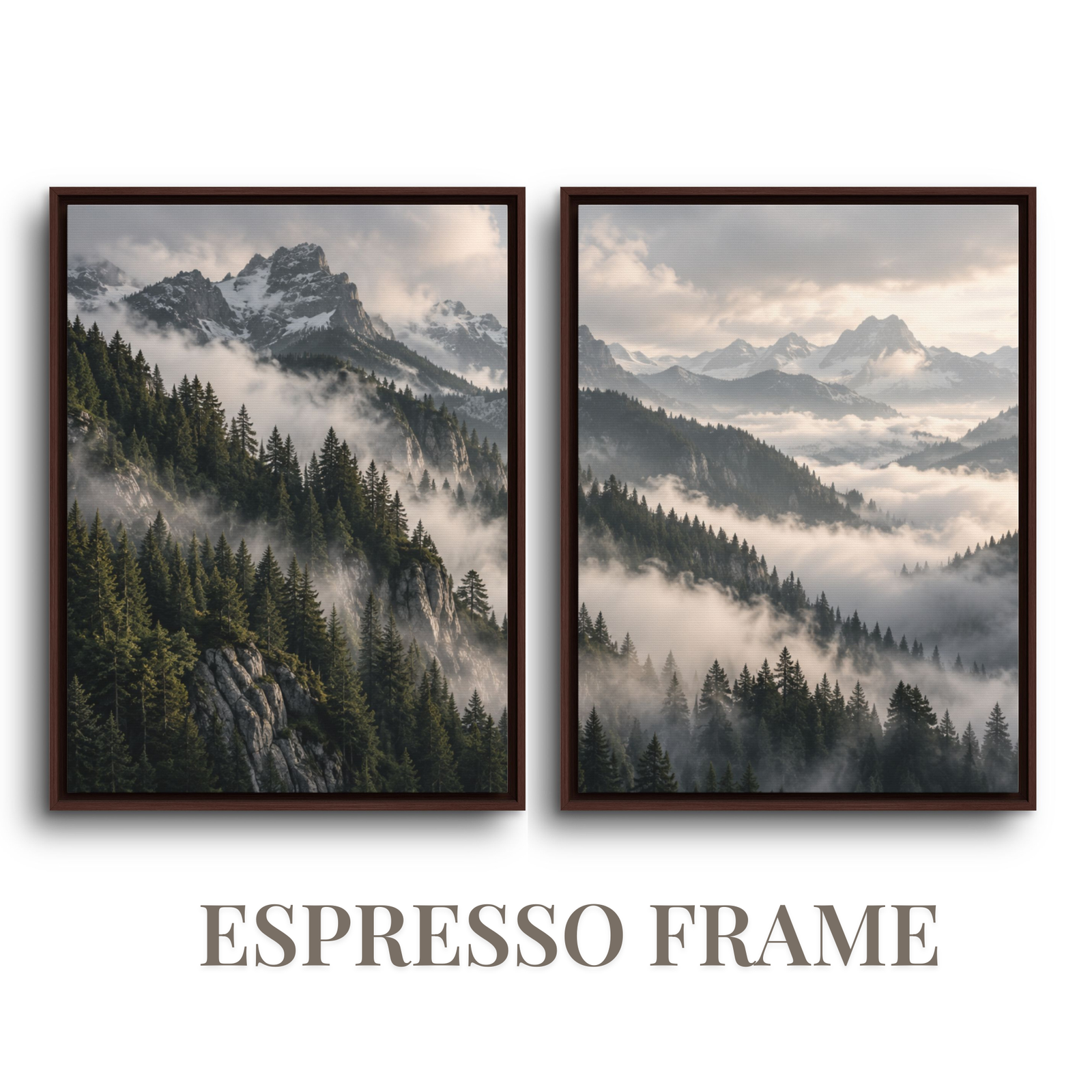 Two-piece panoramic mountain diptych espresso framed canvas set featuring dense evergreen pine ridges and rolling valley