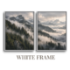 Two-piece panoramic mountain diptych white framed canvas set featuring dense evergreen pine ridges and rolling valley